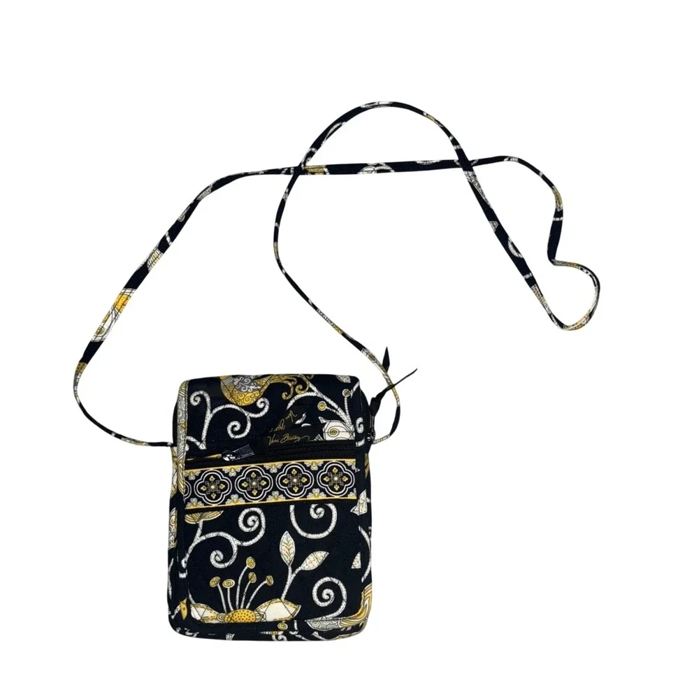 Vera Bradley Quilted Mini Crossbody Bag‎ Black with Yellow Bird Pattern- EUC
